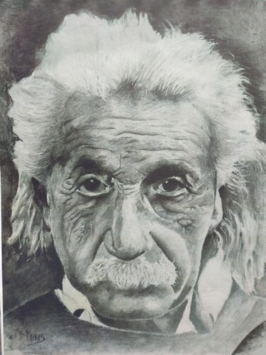 Tekening getiteld "Einstein" door Jean Luc Marès, Origineel Kunstwerk, Houtskool