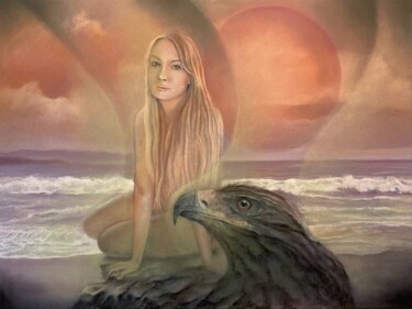 Peinture intitulée "" Femme avec aigle "" par Jean Luc Mariot, Œuvre d'art originale, Pastel