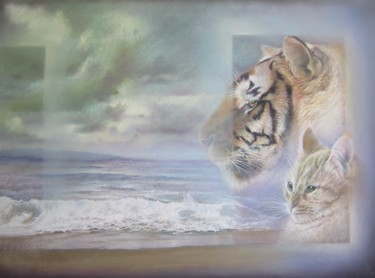 Painting titled "Le chat est un tigr…" by Jean Luc Mariot, Original Artwork, Pastel