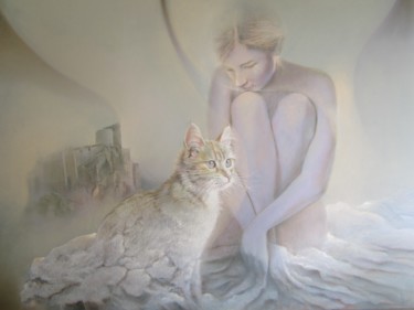 Painting titled "Femme et chat" by Jean Luc Mariot, Original Artwork, Pastel