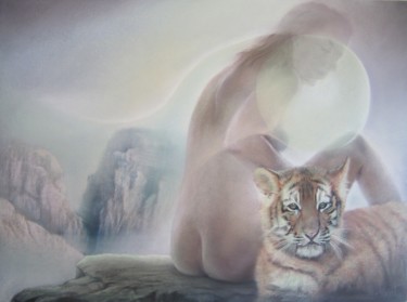 Peinture intitulée "Femme et tigre" par Jean Luc Mariot, Œuvre d'art originale, Pastel