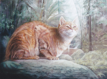 Peinture intitulée "Le chat dans la for…" par Jean Luc Mariot, Œuvre d'art originale