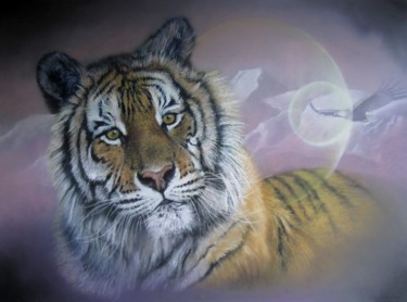 Painting titled "le tigre et l'aigle" by Jean Luc Mariot, Original Artwork, Pastel