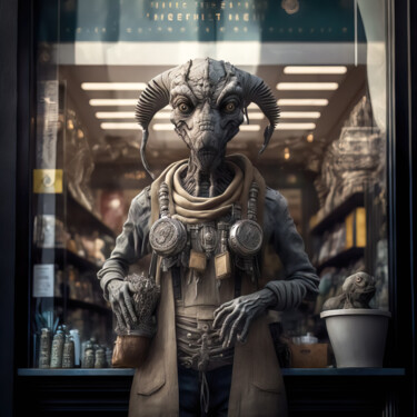 Digitale Kunst getiteld "Alien Shop 2" door Jean Luc Michon, Origineel Kunstwerk, AI gegenereerde afbeelding