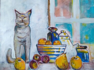 Painting titled "Cat's waiting" by Jean-Luc Richard, Original Artwork, Acrylic
