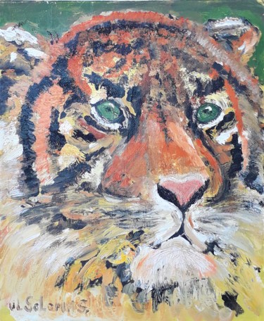 Painting titled "tête de tigre" by Jean Solomas, Original Artwork, Acrylic Mounted on Wood Stretcher frame