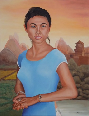 Malerei mit dem Titel "La Joconde de Saigon" von Jean-Luc Tranchand, Original-Kunstwerk, Öl