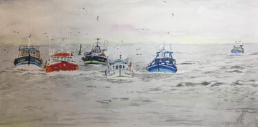 Pintura intitulada "Retour de pêche à G…" por Jean-Marc Allenbach, Obras de arte originais, Aquarela