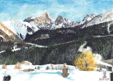 Painting titled "Gummfluh en hiver" by Jean-Marc Allenbach, Original Artwork, Watercolor