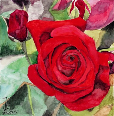 Schilderij getiteld "Roses Rouges" door Jean-Marc Allenbach, Origineel Kunstwerk, Aquarel