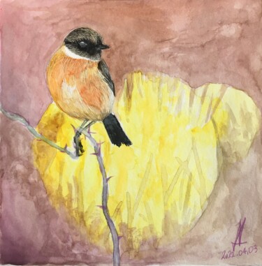 Schilderij getiteld "Tarier" door Jean-Marc Allenbach, Origineel Kunstwerk, Aquarel