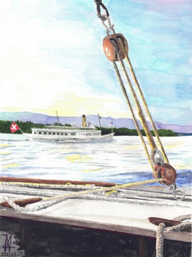 Peinture intitulée "Le Léman à Genthod" par Jean-Marc Allenbach, Œuvre d'art originale, Aquarelle