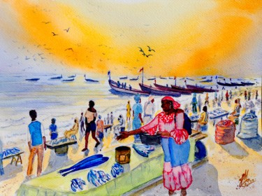 Peinture intitulée "Le marché au poisson" par Jean Marc Collombat, Œuvre d'art originale, Aquarelle