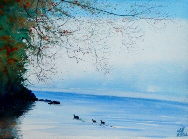Peinture intitulée "Brume sur le lac" par Jean Marc Collombat, Œuvre d'art originale, Aquarelle