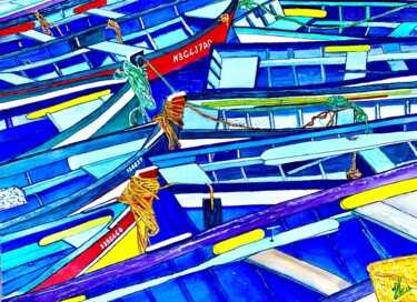 Painting titled "Les barques de pêche" by Jean Marc Collombat, Original Artwork, Watercolor