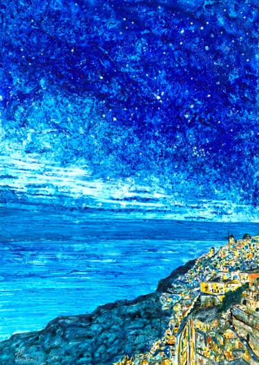 Pintura intitulada "Bleu nuit" por Jean Marc Collombat, Obras de arte originais, Aquarela