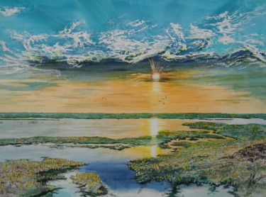 Malerei mit dem Titel "Envols du soir" von Jean Marc Collombat, Original-Kunstwerk, Aquarell