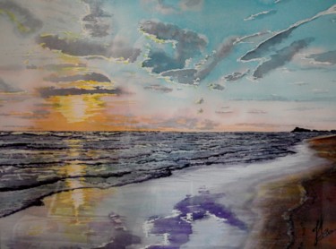 Peinture intitulée "calme plage" par Jean Marc Collombat, Œuvre d'art originale, Aquarelle