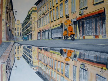 Malerei mit dem Titel "le scooter orange" von Jean Marc Collombat, Original-Kunstwerk, Aquarell