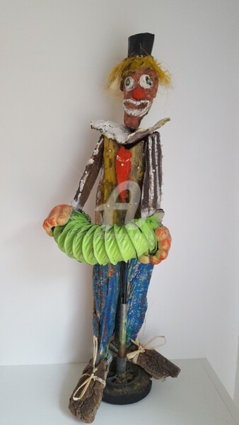 Sculpture titled "clown à l'accordéon" by Jean Marc Joblot, Original Artwork, Wood