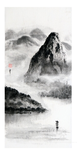 「dans le brouillard…」というタイトルの絵画 Jean-Marc Moschetti (encre-zen)によって, オリジナルのアートワーク, インク ウッドストレッチャーフレームにマウント