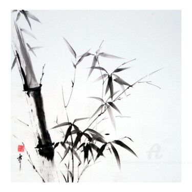 「bambou japonais」というタイトルの絵画 Jean-Marc Moschetti (encre-zen)によって, オリジナルのアートワーク, インク ウッドストレッチャーフレームにマウント