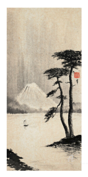 Ζωγραφική με τίτλο "Mont Fuji et deux p…" από Jean-Marc Moschetti (encre-zen), Αυθεντικά έργα τέχνης, Μελάνι Τοποθετήθηκε στ…