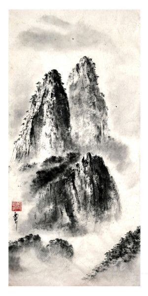 Painting titled "Montagnes des Huang…" by Jean-Marc Moschetti (encre-zen), Original Artwork, Ink Mounted on Wood Stretcher f…