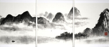 Painting titled "Paysage de Chine (t…" by Jean-Marc Moschetti (encre-zen), Original Artwork, Ink Mounted on Wood Stretcher f…