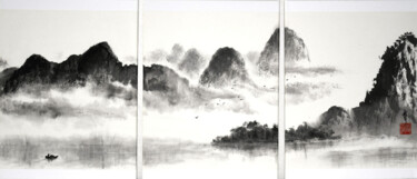 Ζωγραφική με τίτλο "Paysage de Chine (t…" από Jean-Marc Moschetti (encre-zen), Αυθεντικά έργα τέχνης, Μελάνι Τοποθετήθηκε στ…