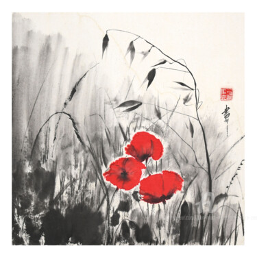 Painting titled "coquelicots et herb…" by Jean-Marc Moschetti (encre-zen), Original Artwork, Ink Mounted on Wood Stretcher f…