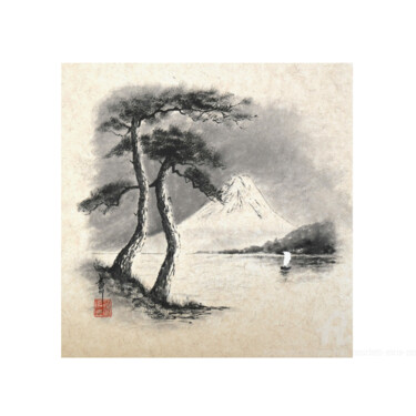 Painting titled "Fuji "vintage"" by Jean-Marc Moschetti (encre-zen), Original Artwork, Ink Mounted on Wood Stretcher frame