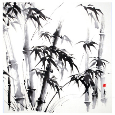 「Bambous」というタイトルの絵画 Jean-Marc Moschetti (encre-zen)によって, オリジナルのアートワーク, インク ウッドストレッチャーフレームにマウント