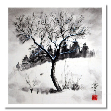 Peinture intitulée "Neige" par Jean-Marc Moschetti (encre-zen), Œuvre d'art originale, Encre Monté sur Châssis en bois