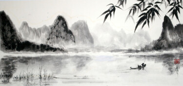Peinture intitulée "pêcheur aux cormora…" par Jean-Marc Moschetti (encre-zen), Œuvre d'art originale, Encre Monté sur Châssi…