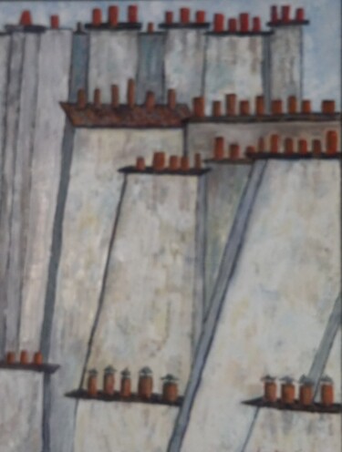 Pintura intitulada "CHEMINEES PRES PLAC…" por Jean-Marc Serieys, Obras de arte originais, Óleo Montado em Armação em madeira