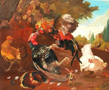 Peinture intitulée "Combat de Coqs" par Jean-Marie Bardyn, Œuvre d'art originale