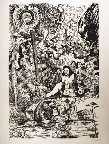 Printmaking titled "La tentation de Sai…" by Jean-Marie Picard, Original Artwork, Xylography