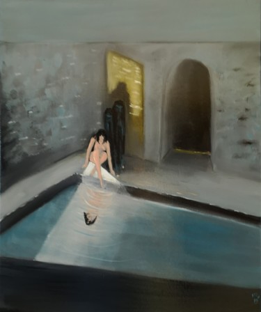 Painting titled "Hammam..." by Jean-Marie Reynaud (jmry), Original Artwork, Oil Mounted on Wood Stretcher frame