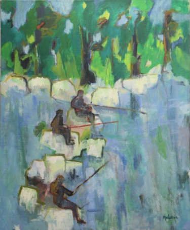 Painting titled "Pêcheurs au lac de…" by Jean-Maxime Relange, Original Artwork, Oil Mounted on Wood Stretcher frame