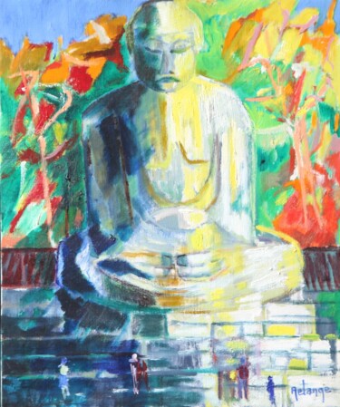 Painting titled "Bouddha" by Jean-Maxime Relange, Original Artwork, Oil Mounted on Wood Stretcher frame
