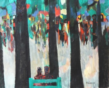 Painting titled "Fête sous les arbres" by Jean-Maxime Relange, Original Artwork, Oil Mounted on Wood Stretcher frame