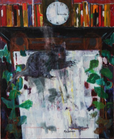 Painting titled "Le chat et la pendu…" by Jean-Maxime Relange, Original Artwork, Oil Mounted on Wood Stretcher frame