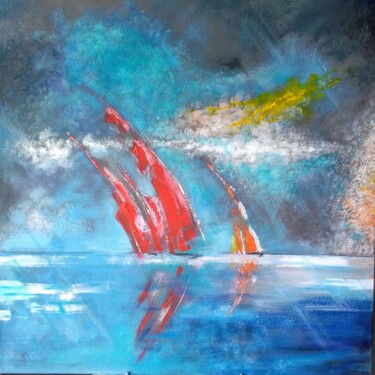 Painting titled "Les voiles rouges" by Jean Michel Jounier, Original Artwork, Acrylic Mounted on Wood Stretcher frame