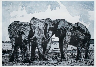 Rysunek zatytułowany „Trois éléphants.” autorstwa Jean-Michel Legras, Oryginalna praca, Atrament Zamontowany na Aluminium
