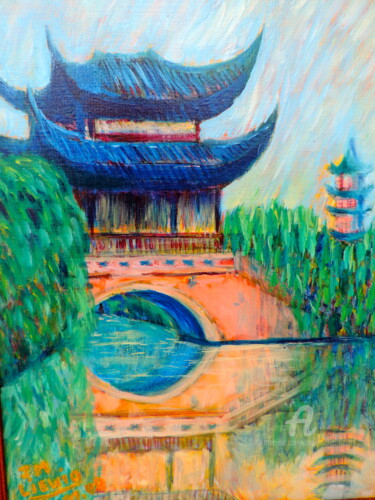 Painting titled "TEMPLE DE CHINE" by Jean-Michel Liewig, Original Artwork, Oil