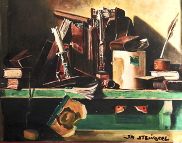 Painting titled "livres-sur-etagere-…" by Jean-Michel Steinberg, Original Artwork