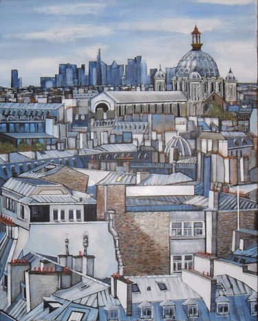 Painting titled "toits parisiens" by Jean-Michel Yon, Original Artwork, Oil Mounted on Wood Stretcher frame