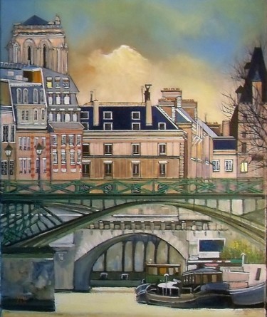 Painting titled "le pont des arts" by Jean-Michel Yon, Original Artwork, Oil Mounted on Wood Stretcher frame