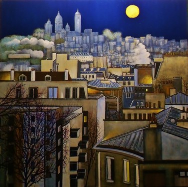 Peinture intitulée "Paris la nuit" par Jean-Michel Yon, Œuvre d'art originale, Huile Monté sur Châssis en bois
